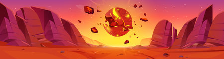 Asteroid explosion in mars desert planet space landscape. Alien martian red sand surface with...