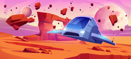 Dry wilderness landscape with spaceship on mars planet cartoon vector background. Alien fantasy universe with floating stone particle and flying shuttle extraterrestrial videogame illustration.のイラスト素材