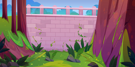 Brick wall and green plant on stone in forest vector background. Spring garden with viaduct or bridge with balustrade nature wallpaper. Environment game area location with masonry fenceのイラスト素材