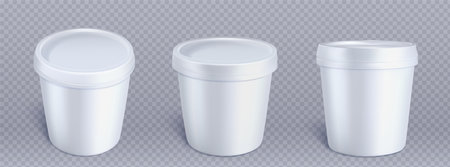 White plastic ice cream bucket container mockup. 3d yogurt paper round cup vector mock up. Clear realistic frozen food packing template for branding different pack view. Isolated mousse tube imageのイラスト素材