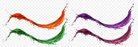 3d liquid juice, red wine and purple drink splash isolated on transparent background. Realistic cherry berry cocktail drop flow. Grape wave with falling droplet illustration. Blueberry spiral syrupのイラスト素材