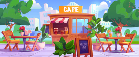 Outdoor cafe booth with table on street scene cartoon illustration. Outside restaurant in park and urban landscape. Cafeteria business with coffee and striped canopy exterior. Lounge area to drink and snackのイラスト素材