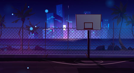 Night street basketball court and neon cityscape. Outdoor playground for basket sport game near sea shore cartoon vector background. Empty school team arena stadium on coast with skyscraper glow viewのイラスト素材