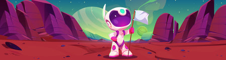 Space mars planet with cosmonaut and white flag landscape background. Alien in astronaut suit in extraterrestrial martian canyon desert 2d videogame mission illustration. Cosmoc green sky backdropのイラスト素材