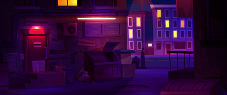 Night city backstreet with dim illumination. Vector cartoon illustration of dark alley between modern urban buildings, waste bins, trash bags, cardboard boxes on ground, bright city lights in windowsのイラスト素材