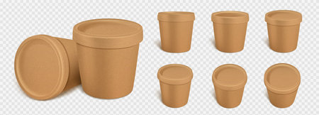 Ice cream craft paper container package vector mockup. 3d realistic blank paper yogurt jar above and side view isolated on transparent background. Frozen gelato dessert eco recycle packing designのイラスト素材