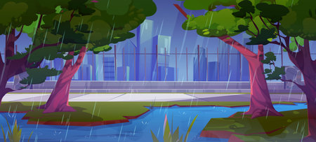 Rainy weather city park with pond and path near fence nature background scene. Public garden in town forest with river, skyscraper view and walkway to downtown. Green spring season cartoon environmentのイラスト素材