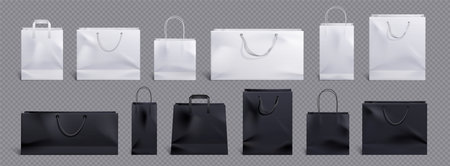 White and black paper bag and handle vector mockup. Shopping package mock up to carry food front view icon merchandising design collection. 3d retail reusable branding merchandise illustrationのイラスト素材