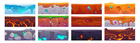 Cartoon set of seamless ground textures. Vector illustration of game level platforms, underground cross sections with different soil layers, ice, water, sand, clay, grass, stone, gravel, gemstonesのイラスト素材