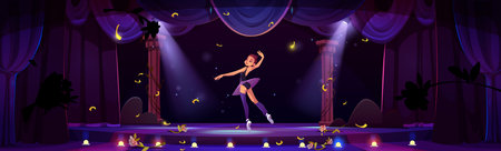 Ballerina performing on theater stage. Vector cartoon illustration of slim girl dancing ballet on dark scene illuminated by spotlights, flowers and golden confetti flying in air after premiereのイラスト素材