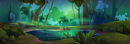 Green forest with rain cartoon vector landscape background. Woodland nature scene with pond in fantasy park environment. Wild and dark deciduous forestscape view with rainfall wallpaper designのイラスト素材