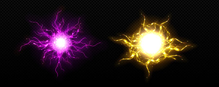 Realistic bolt circle with lightning explosion vector effect. Electric thunder power ball discharge. 3d isolated neon thunderstorm blast laser element. Transparent spark fireball hit illustrationのイラスト素材