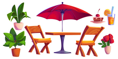 Outdoor cafe, patio or restaurant terrace with table and umbrella. Furniture for cafeteria on city street or park. Bistro with wooden chairs, table, plants and food, vector cartoon illustrationのイラスト素材