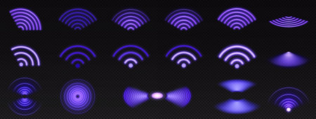 Realistic set of purple radio wave signal signs isolated on transparent background. Vector illustration of radial symbol of wifi connection, sound spread, pulse effect, vibration frequency, radar areaのイラスト素材