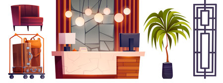 Hotel reception and lobby interior isolated cartoon vector set. Professional office welcome area, luggage on trolley and concierge table furniture design. Corridor or hallway indoor in hostel buildingのイラスト素材