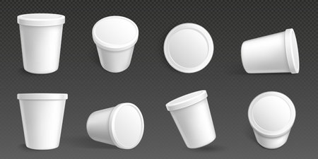 Realistic white food containers set isolated on transparent background. Vector illustration of 3D ice cream or yogurt bucket mockup with blank surface ready for branding. Paper box for meal storageのイラスト素材