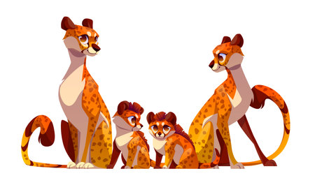 Cheetah cat family isolated vector illustration. Africa animal leopard adorable baby with adult mother and father cartoon. Exotic character game asset clipart with long tail and smile. Cub near momのイラスト素材