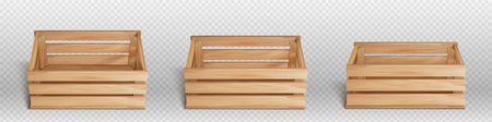 3d vector empty wooden crate box for vegetable or fruit. Realistic render farm basket isolated on...