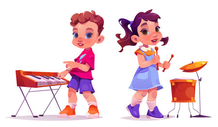 Boy and girl playing piano and drums isolated on white background. Vector cartoon illustration of happy children with music instruments performing at school concert, rehearsal before talent showのイラスト素材