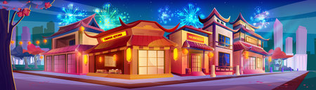Celebration on night chinese street in town vector illustration. Neon light lantern and festival fireworks in traditional vietnam place. Asian New Year holiday decoration near road landscape sceneのイラスト素材