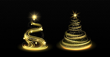 Realistic set of spiral light Christmas trees isolated on transparent background. Vector cartoon illustration of golden xmas swirls decorated with yellow stars and shimmering particles. Holiday decorのイラスト素材