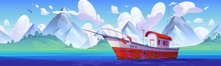 Fish boat in sea near island vector mountain landscape. Blue ocean water with marine vessel near coastline background panorama illustration. Cartoon nature sunny outdoor peace journey to lake bayのイラスト素材