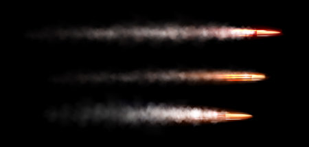 Flying gun bullet with fire smoke trail vector. Speed motion shot trace to target. Realistic isolated military ammunition fast gunshot flight with flame. 3d rifle weapon projectile golden head lightのイラスト素材