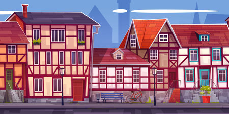 Medieval germany town street with building vector landscape. Old german european city exterior cartoon illustration. Bavaria cityscape with historical cottage stairs, trash bin and bicycle near road.のイラスト素材