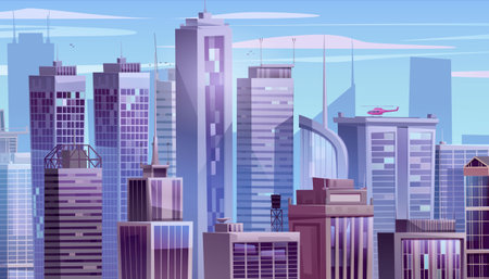 Cartoon skyscraper cityscape vector background. Urban street sky scene with business office window panorama game environment. Abstract perspective view on corporate architecture scape on sunny dayのイラスト素材