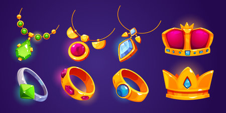 Gold jewelry icons for game. Rings, necklaces, crowns, bracelets and pendants with diamonds and gems. Golden and silver jewel accessories, vector cartoon illustrationのイラスト素材