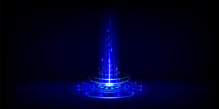 Blue glowing neon game portal - realistic vector illustration of futuristic teleport podium for game ui concept. Magic or cyberpunk hologram port with flare and light circle effect for travel in spaceのイラスト素材