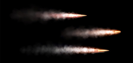 Bullet after shot with fire and smoke trail - realistic vector illustration of metal ammo flying to target. Gun firing moment with speed effect trace on transparent background - military projectile.のイラスト素材