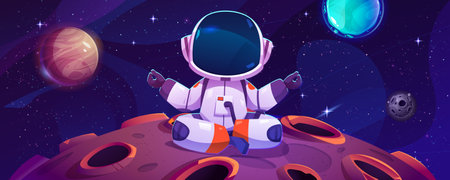 Sitting astronaut on moon and space yoga meditation vector illustration. Comic spaceman drawing constellation background. Outer planet or star astronomy wallpaper. Childish personage relax on meteorのイラスト素材