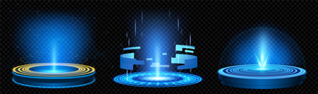Blue hologram tech game portal with light effect set. Digital technology hud teleport screen with cyber neon platform element. Scifi vector stage for ui interface or product display round designのイラスト素材