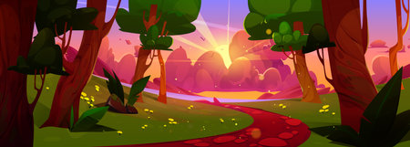 Sunset in forest with path to sea in summer landscape background. Pink sky scenery for beautiful sunny switzerland day game environment outdoor illustration. Flower in wild garden near ocean sceneのイラスト素材