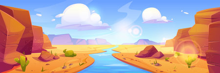 Grand canyon mountain landscape vector background. Rock cliff in arizona national park valley with river. Amazing wilderness colorado terrain with beautiful water stream and majestic environmentのイラスト素材