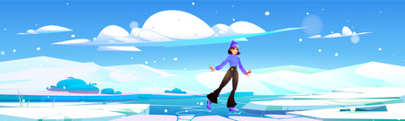 Active young woman ice skating outdoors. Vector cartoon illustration of female character enjoying sports hobby on frozen lake surrounded by snow white hills, clouds in blue sky, scandinavian landscapeのイラスト素材