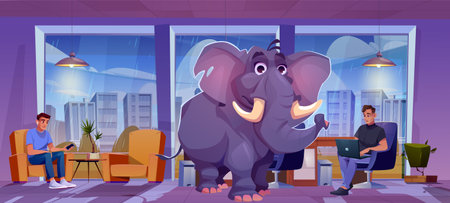 Two sad men sitting in office, elefant in middle of room on rainy day. Vector cartoon illustration of upset male friends in conflict using gadgets, concept of ignoring problem, relationship crisisのイラスト素材