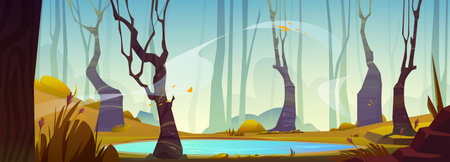 Small lake in autumn forest. Vector cartoon illustration of blue pond surrounded by old trees with yellow foliage, leaves flying in air, flowers, orange grass, stones on ground, blue sky backgroundのイラスト素材