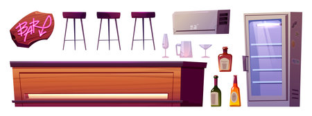 Restaurant bar counter interior vector cartoon set. Pub table for drink cocktail with high stool, fridge, air conditioning and glasses for alcohol. City nightclub neon illumination isolated clipartのイラスト素材