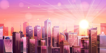 Sunset city building skyline vector landscape background. Business cityscape with sun ray in pink and purple sky cartoon design. Modern metropolis real estate panoramic illustration with sunriseのイラスト素材