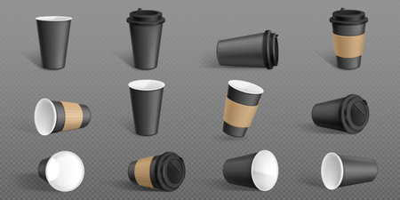Isolated 3d black paper coffee cup vector mockup template. Take away mug for hot latte drink with lid and brown sleeve holder design. Realistic cappuccino cardboard container side, inside, front viewのイラスト素材