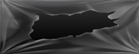 Realistic ripped plastic wrap on transparent background. Vector illustration of polyethylene sheet with hole and uneven torn edges, wrinkled texture, ruptured film, packaging damage overlay effectのイラスト素材