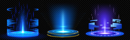 Set of high tech hologram portals with blue light effect. Vector realistic illustration of futuristic game technology, round podiums with glowing laser beams, neon hologram. Teleport to scifi universeのイラスト素材