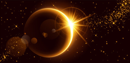 Golden light flare effect on black background. Vector realistic illustration of bright solar eclipse...