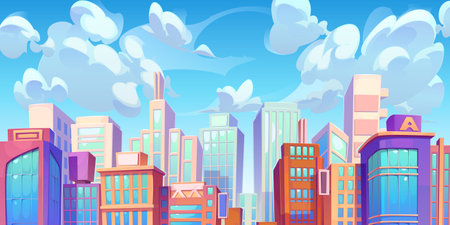 Skyscraper building city view vector illustration. Skyline and cloud background with modern high business office construction in town. Condo real estate big home in metropolis downtown districtのイラスト素材