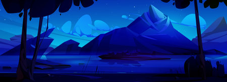 Night mountain landscape seen across sea bay. Vector cartoon illustration of dark mountainscape reflection on water surface, trees on lake bank, stars shining in sky. Travel adventure game backgroundのイラスト素材