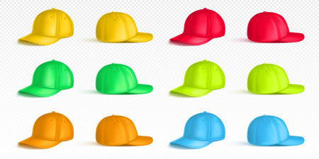 Realistic color caps front and back view isolated on transparent background. Vector illustration of yellow, green, orange, red, blue baseball hat mockups, textile clothes for head, sportswear fashionのイラスト素材