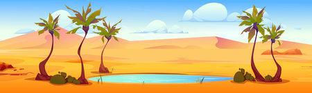 Sandy desert with small lake under palm trees. Vector cartoon illustration of african landscape with pond, dunes, tropical plants, stones near water, cloudy sky, drought season, travel game backgroundのイラスト素材
