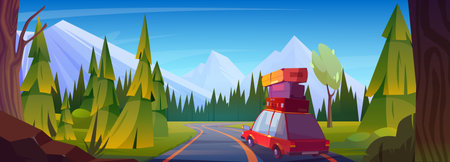 Car with luggage on top driving forest highway toward mountains. Vector cartoon illustration of red auto with suitcases on cabin, beautiful scenery with fir trees along road, family travel on vacationのイラスト素材